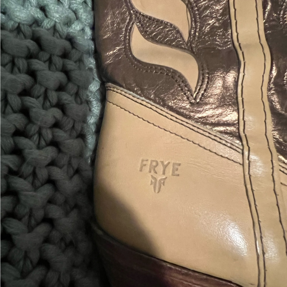 Frye Two-Tone Tan and Bronze Heeled Cowboy Boots - Picture 4 of 5